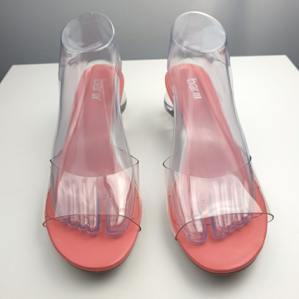 Bar Cally statement mules clear heel sandals Coral Vinyl open toe  8.5
